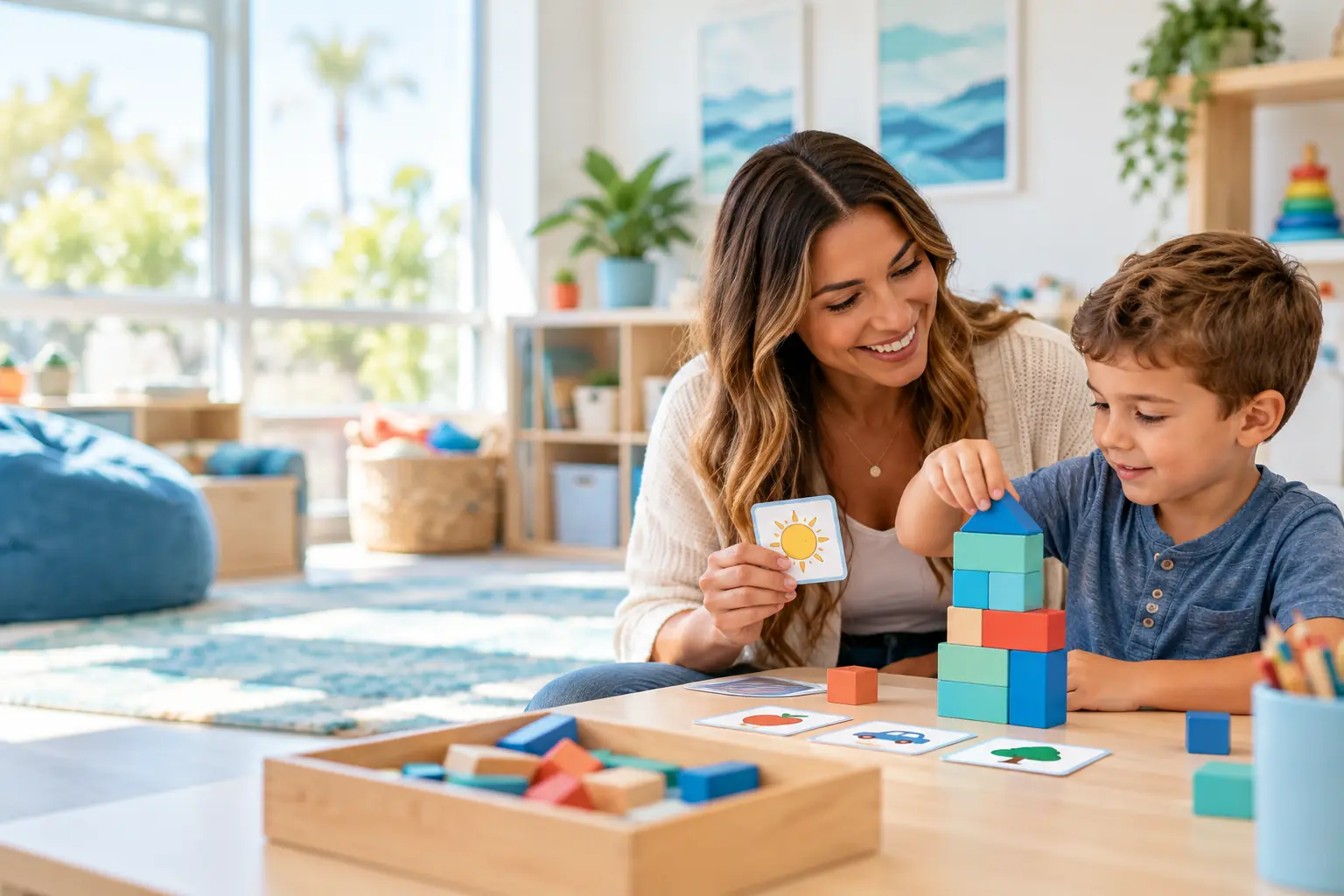 A behavior technician supporting a child during an activity in a welcoming clinic