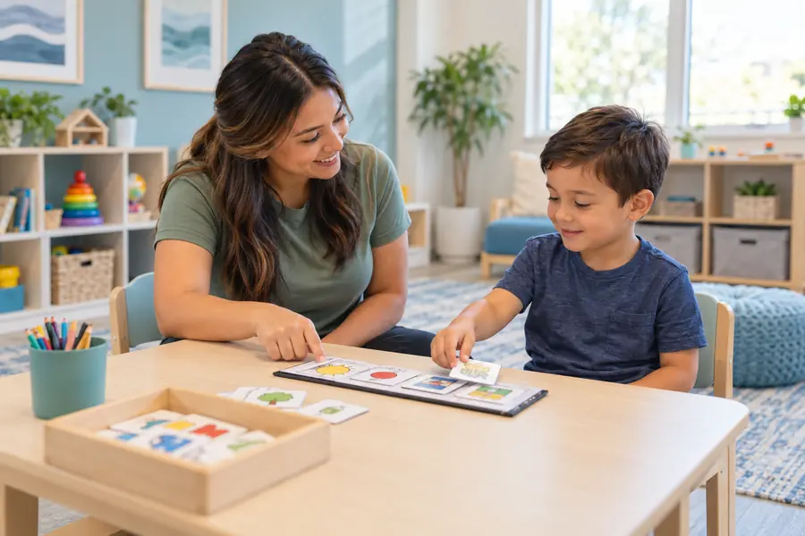 A registered behavior technician supporting a child during a clinic activity